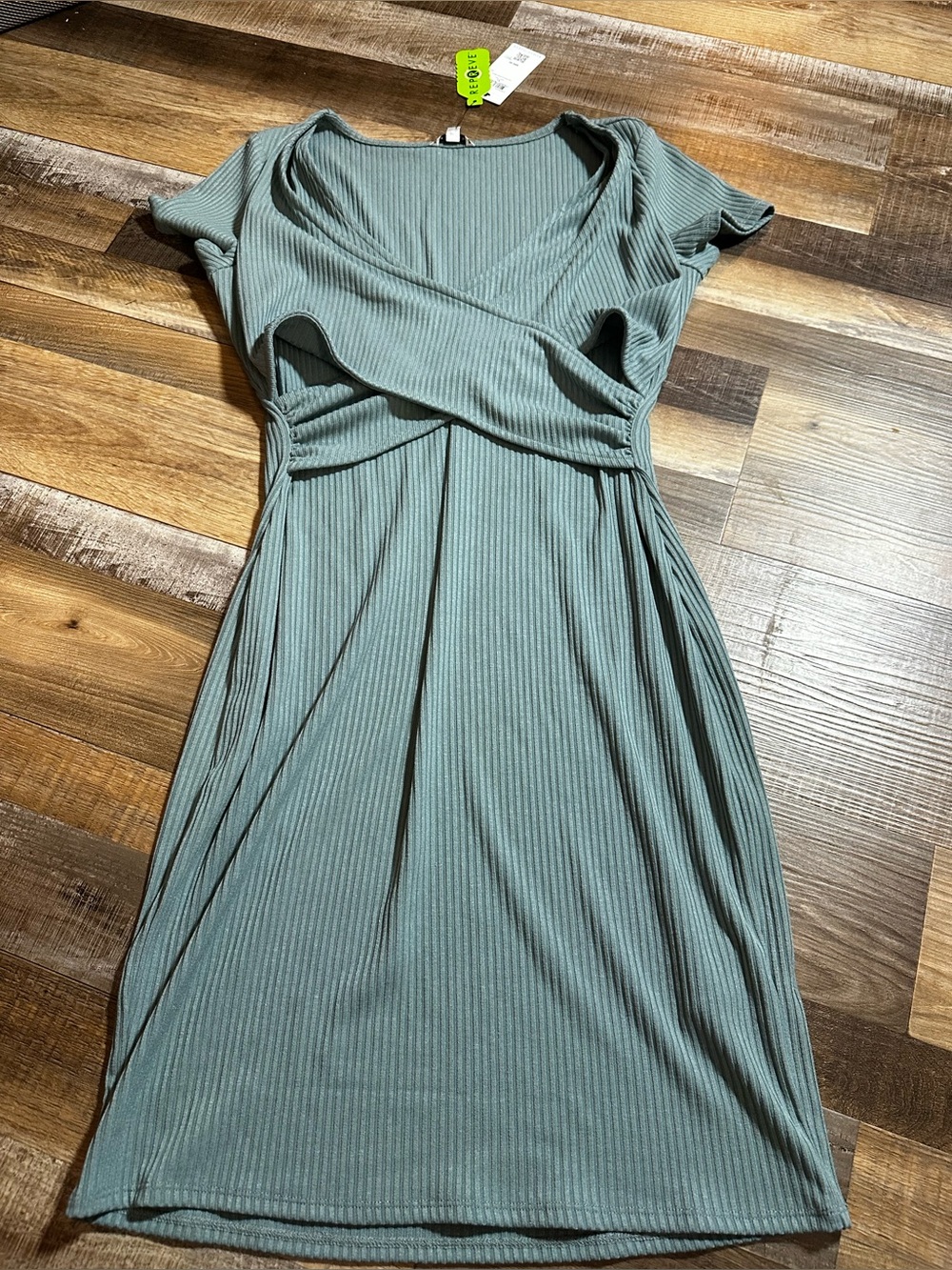 Guess Sage Green Ribbed Wrap Midi Dress